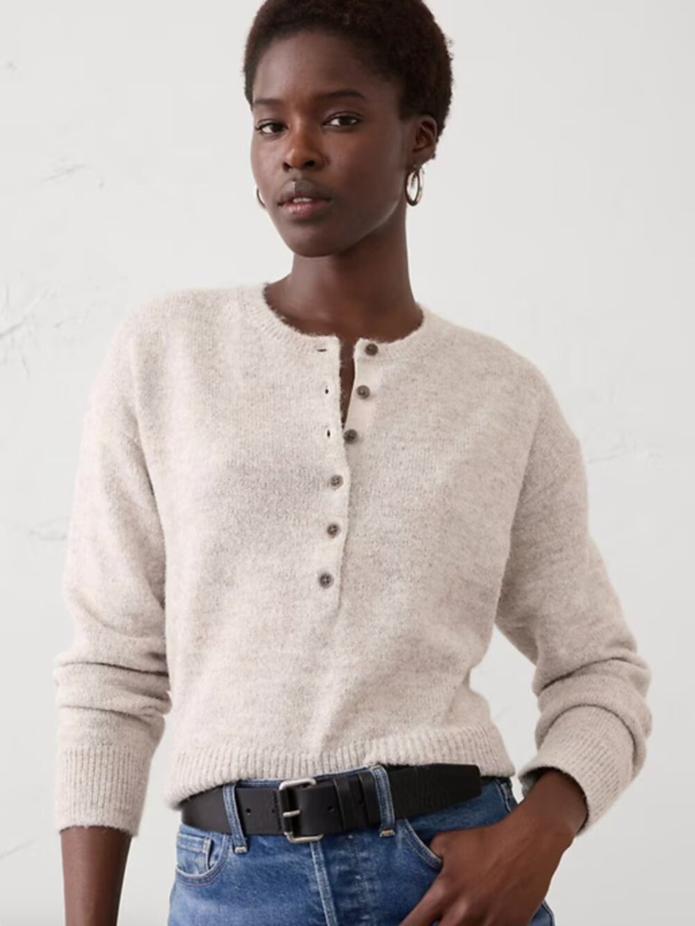 Banana Republic Factory Henley Brushed Pullover Sweater, Light Taupe, size M